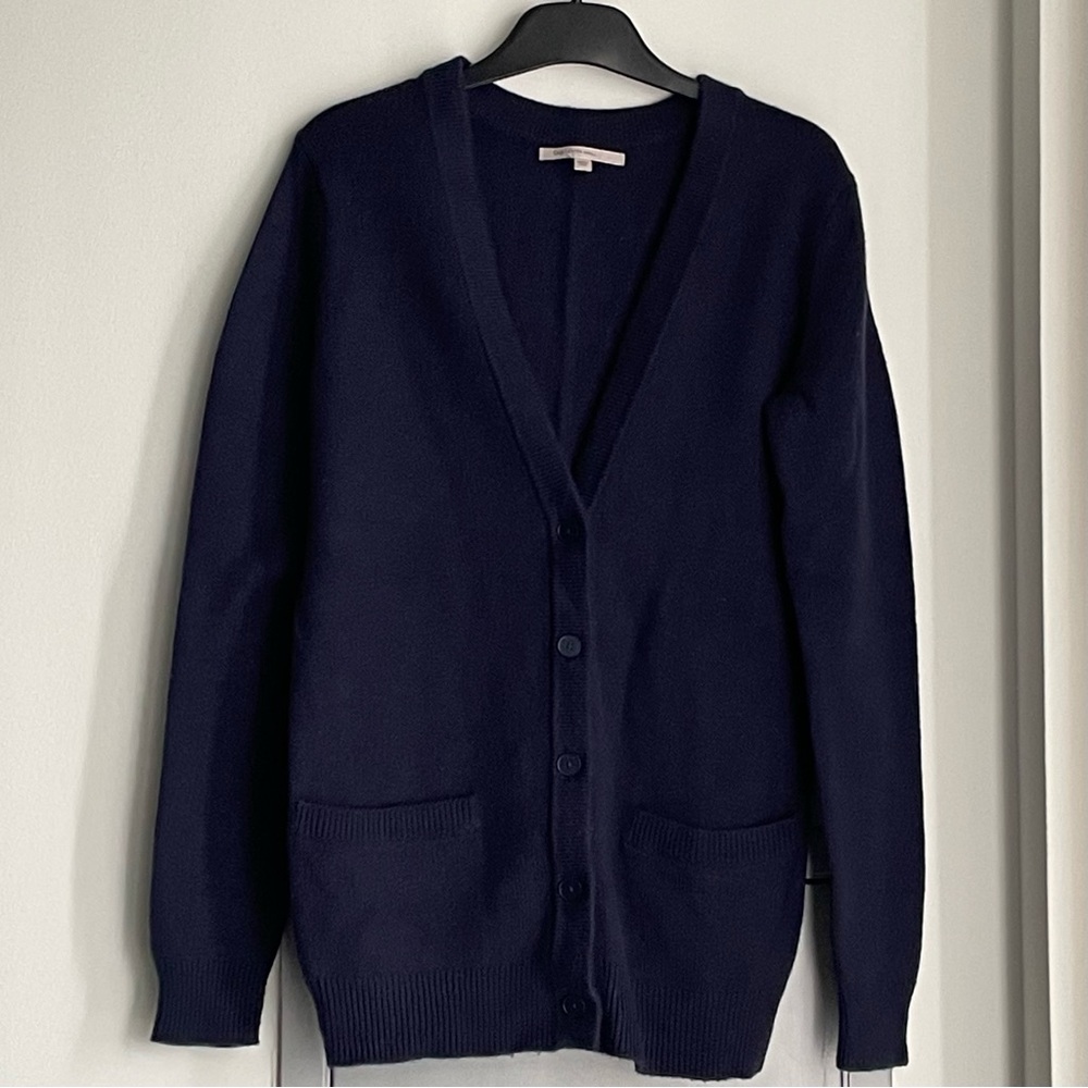 GAP Navy Wool Cardigan with Tan Elbow Patches